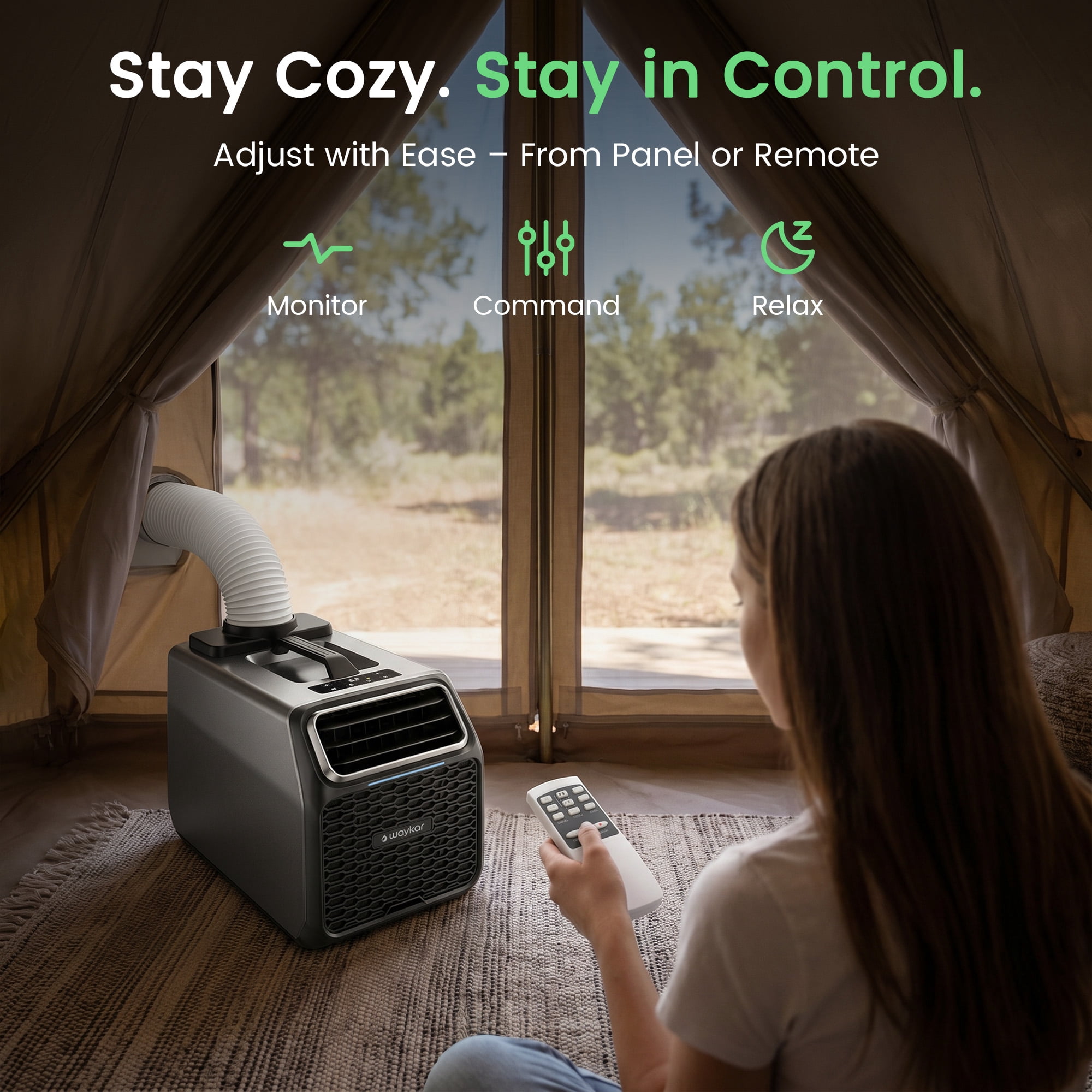 Waykar 6000 BTU Portable Air Conditioner for Camping, Advanced Dual-Hose System for Tents & RVs, 110V AC/DC Inverter Support, 3-in-1 Cooling, Dehumidifier & Fan for Off-Grid Outdoor Comfort