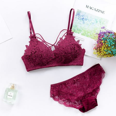 

KOOYI Fashion Sexy Women Lace Underwear Hollow Out Lingerie Bra Underpants Thong Set Valentine s Nightgown Pajamas Red / 75/34