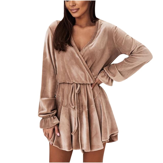 DPTALR Robe Élégante à Manches Longues et Ceinture pour Femmes