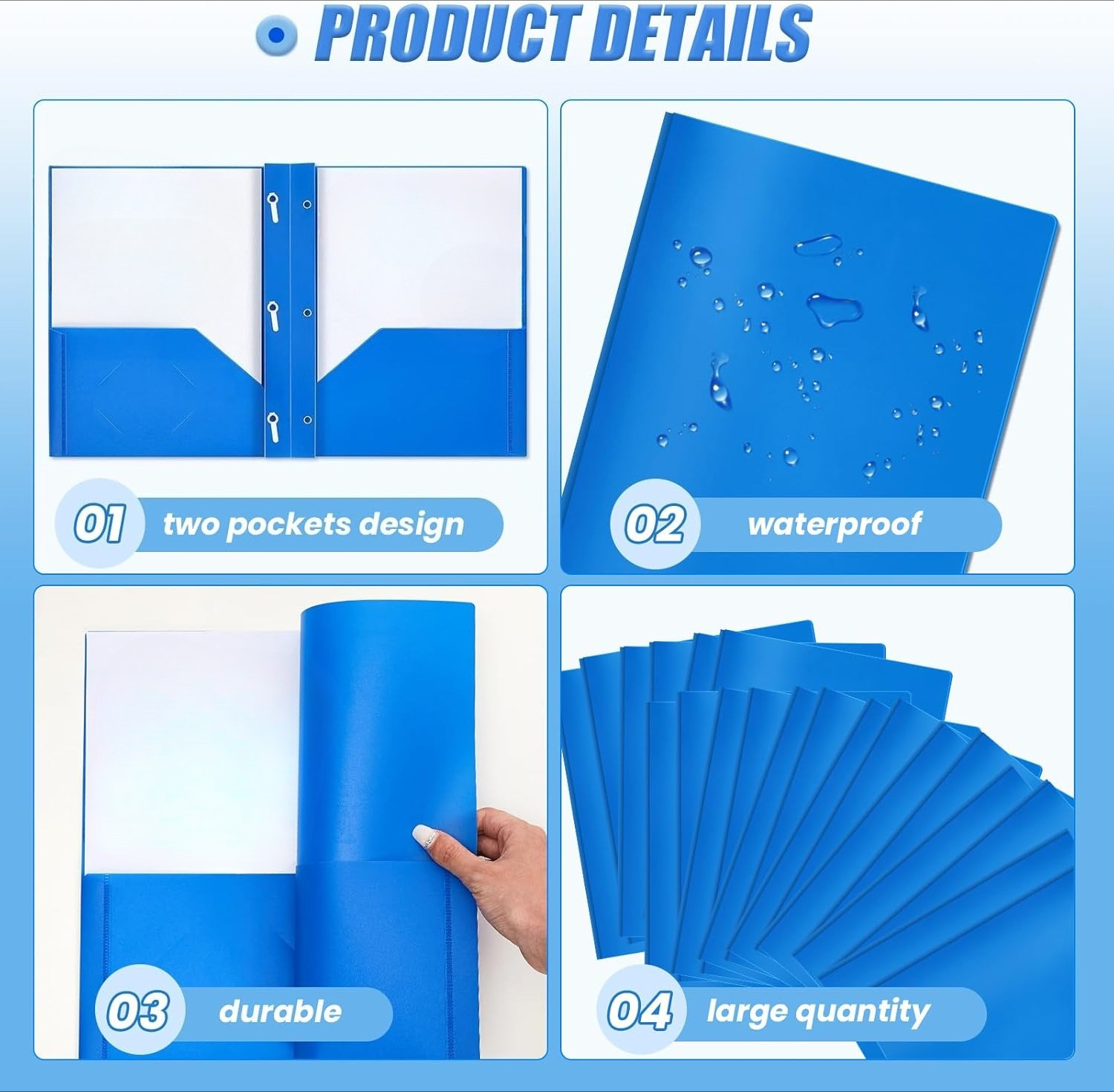 60 plastic folders with pockets and inserts, plastic folders with 2 pockets, (blue)
