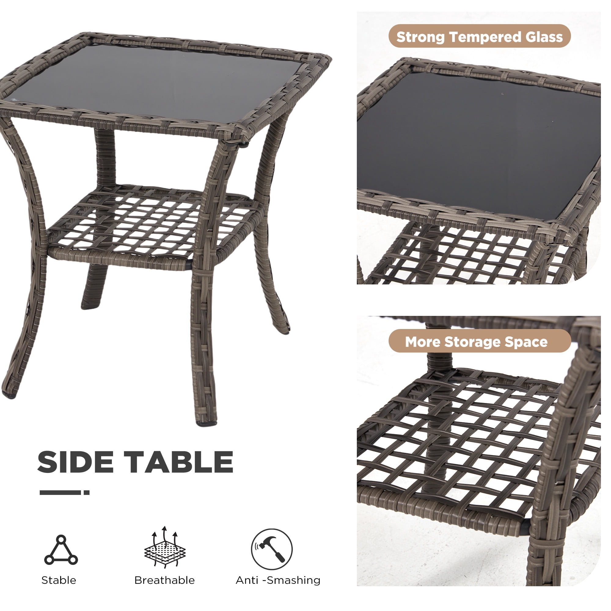 Vicluke 3 Piece Outdoor Swivel Chair Set, Wicker Patio Bistro Set with Thickened 25D Cushions and Glass Coffee Table, Patio Furniture Conversation Set for Deck, Yard, Garden, Poolside(Gray)