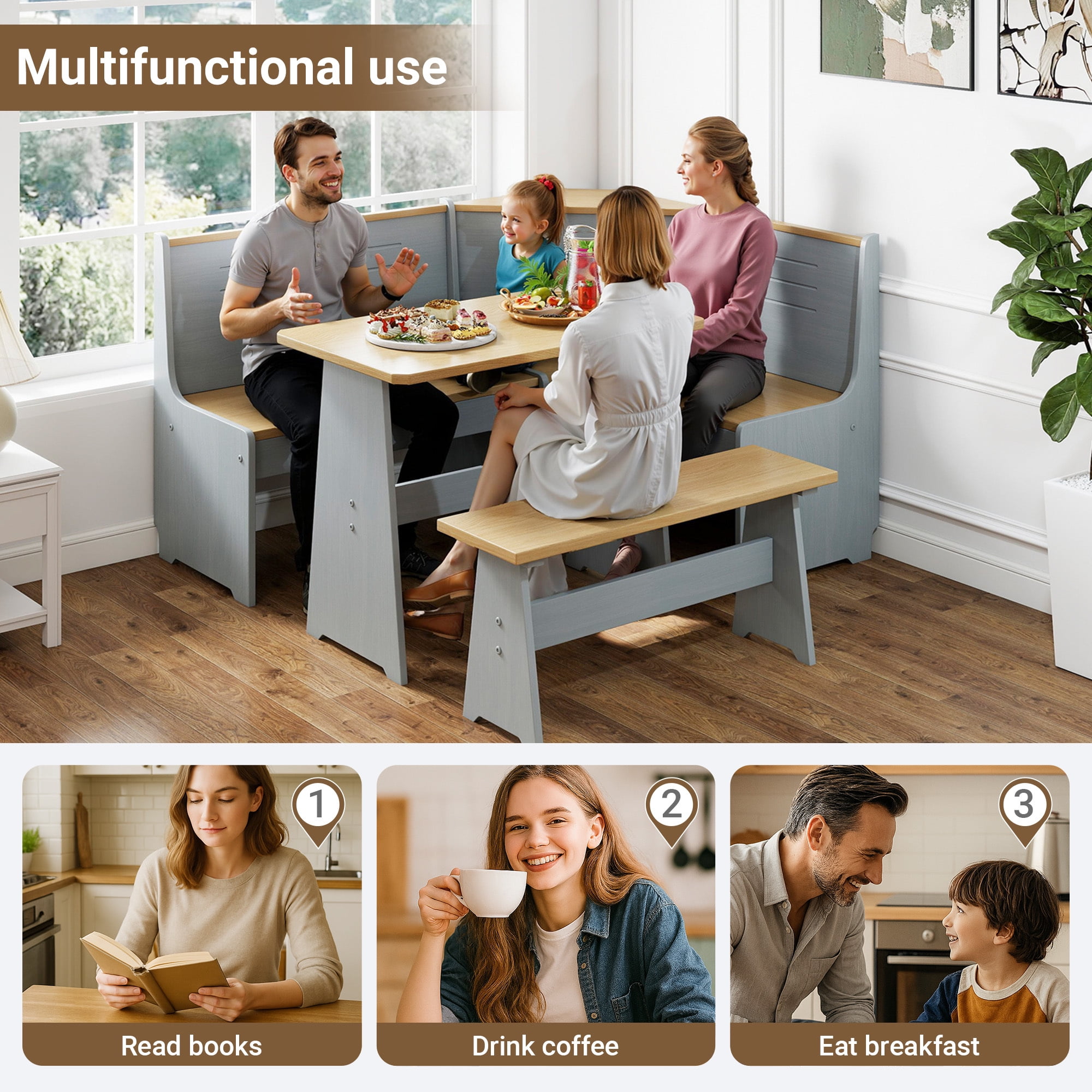 Koby Home Breakfast Nook Table Set, Corner Dining Table with L-Shape Bench Chairs, Farmhouse Kitchen Dining Nook Grey Wood