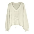 thumbnail image 4 of Fiaer Deep V Neck Sweater for Women Lace up Ruffle Hem Knitted Long Sleeve Loose Fit Comfy Casual Fashion Tops White S, 4 of 5