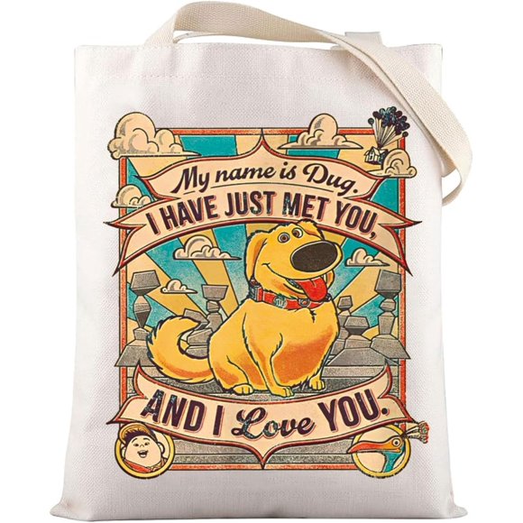Sac Fourre-Tout LEVLO Dug Dog Cadeaux pour Fans de Films Carl & Ellie Mon Nom Est Dug Je t'Ai Juste Rencontré et Je t'Aime Sac à Bandoulière
