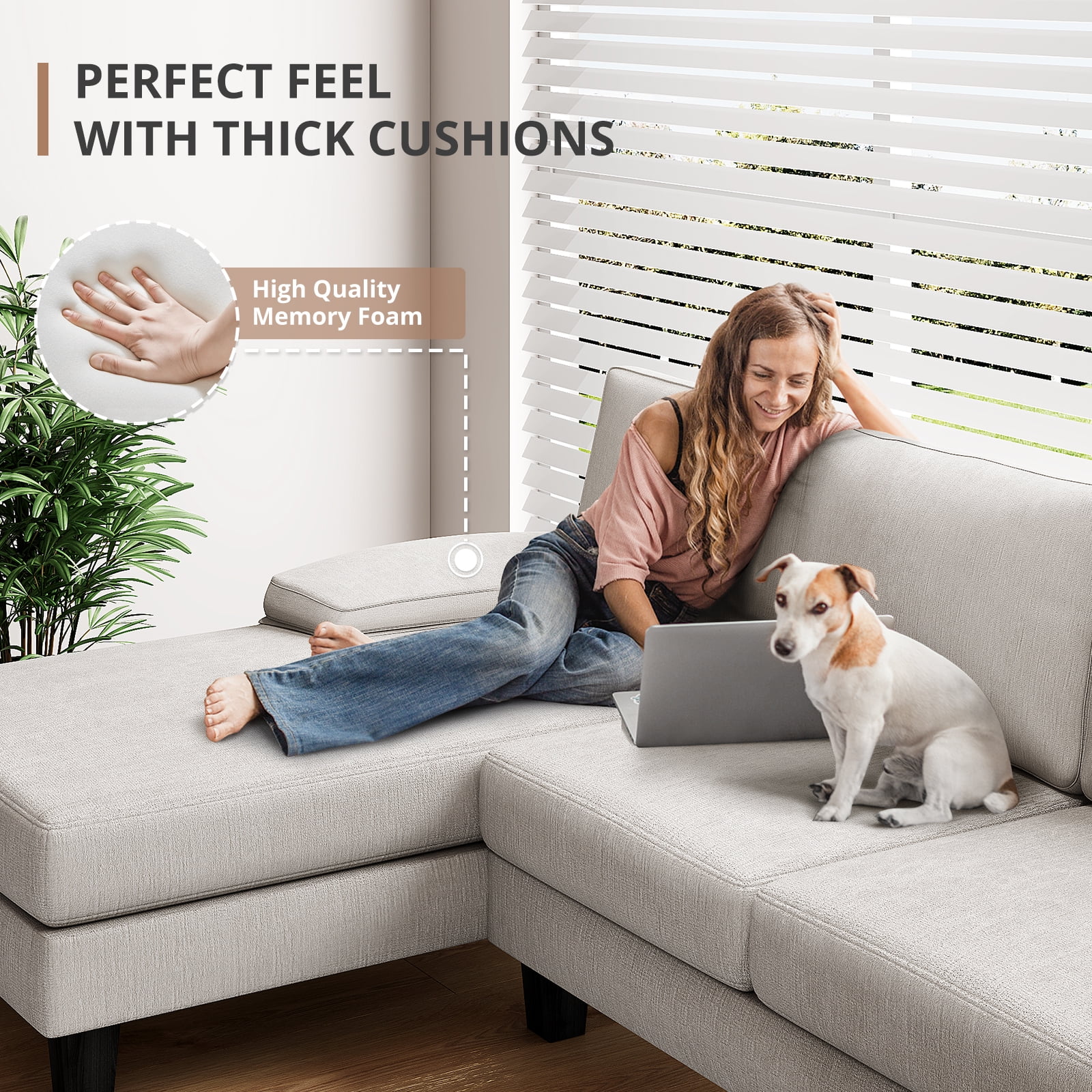Furmax U-Shaped Sectional Sofa with Chaise, 4 Seats Chenille Fabric Sofa for Living room, White