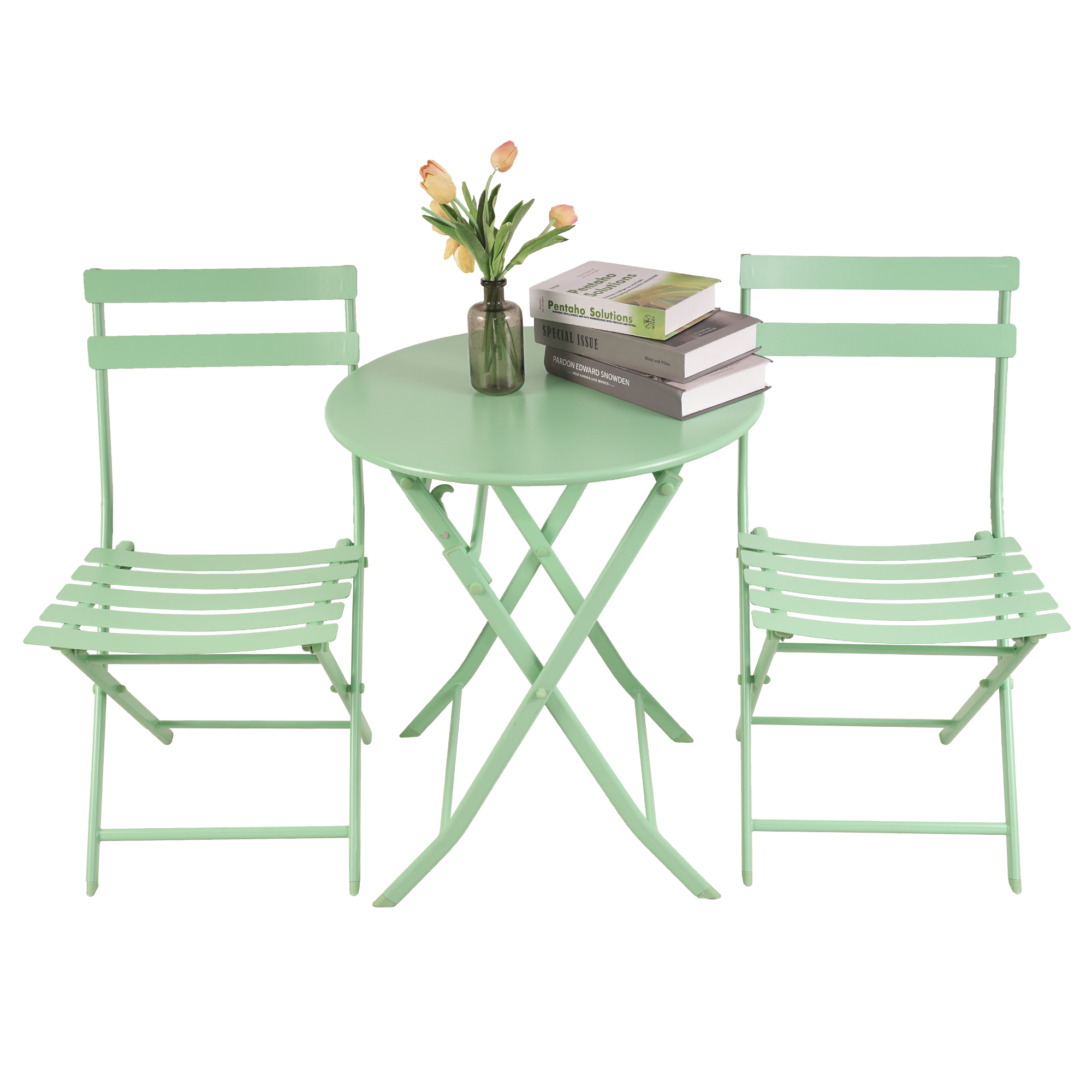 3 PCS Folding Metal Patio Table Chairs Set Outdoor Bistro Set Green (No assembly required