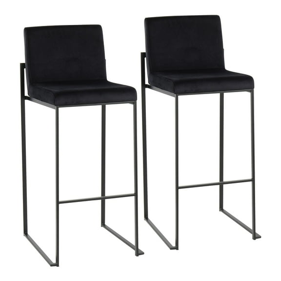 Fuji Contemporary High Back Barstool In Black Steel And Black Velvet - Set Of 2