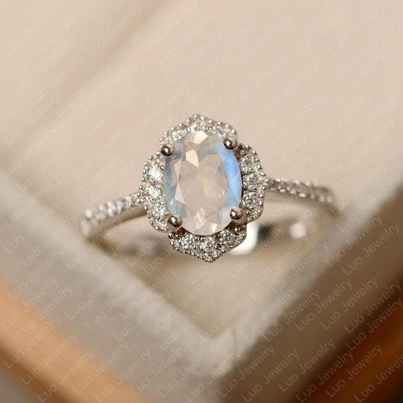 Blue moonstone ring, sterling silver, engagement ring for women, round cut, June birthstone ring