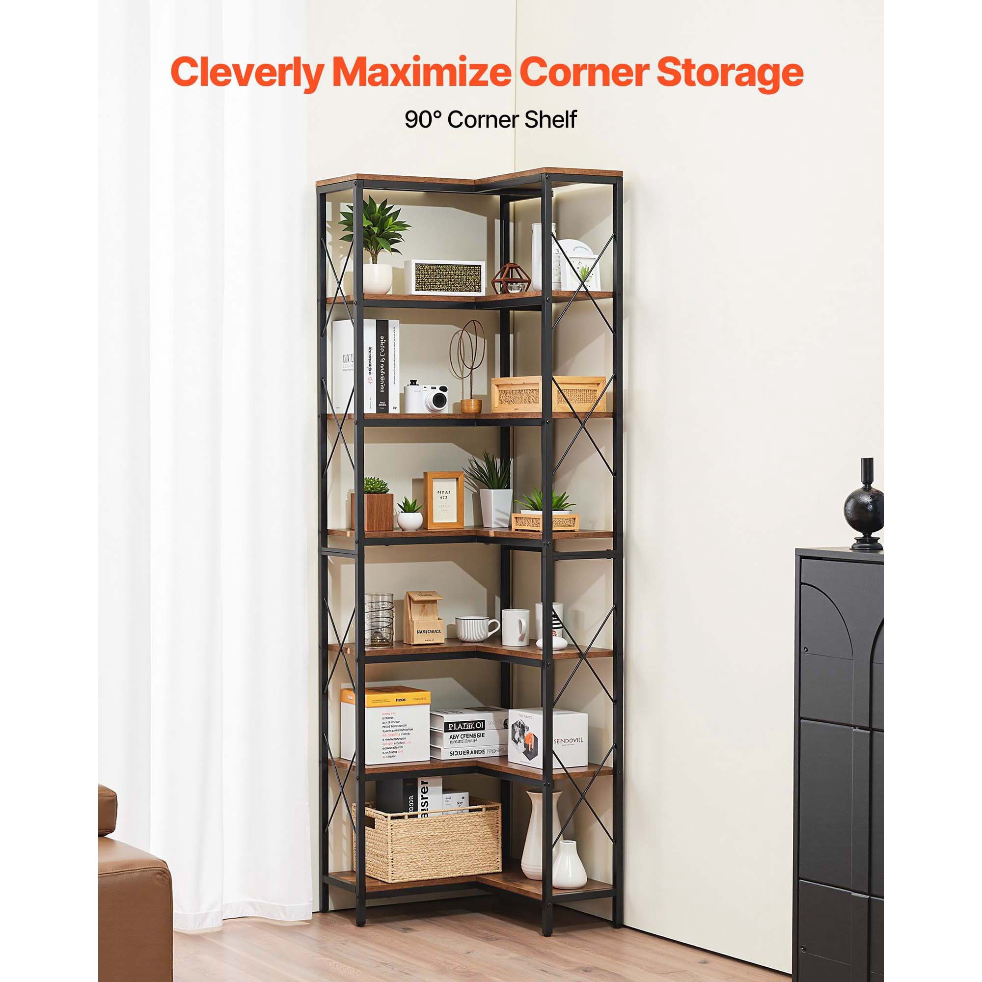 KFFKFF 7-Tier Corner Bookshelf, 79" Tall Bookcase with Sturdy Metal Frame & Wooden Shelves, Industrial Reversible L-Shaped Display Shelf for Bedroom, Living Room, Office