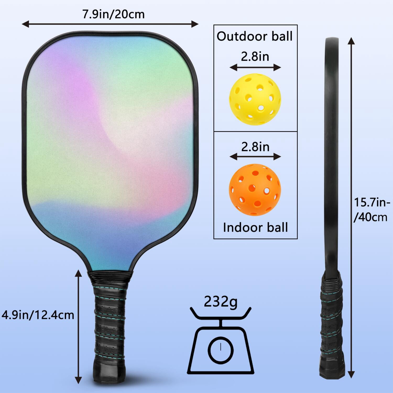 Pickleball Paddles Set Of 1, Fiberglass Surface, Vibrant Rainbow Print, 1 Paddle, 2 Balls & Bag