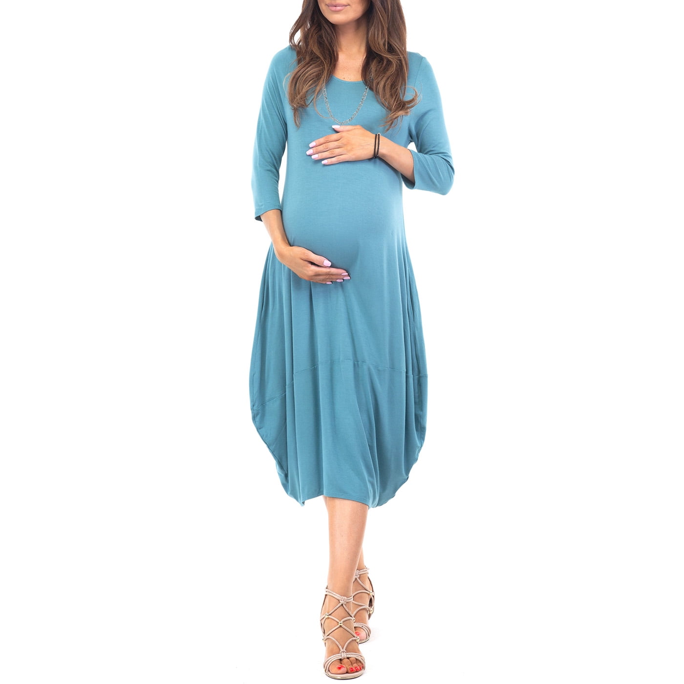 Mother Bee Maternity Womens 3/4 sleeve Maxi Dress with Side Slits and Pockets for Casual Wear or Baby Shower 