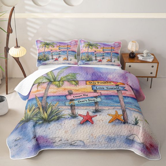 Erosebridal Watercolor Tropical Ocean Beach Twin Quilt Set for Boys Girls,Teens Summer Holiday Palm Tree Starfish Twin Coverlet Set