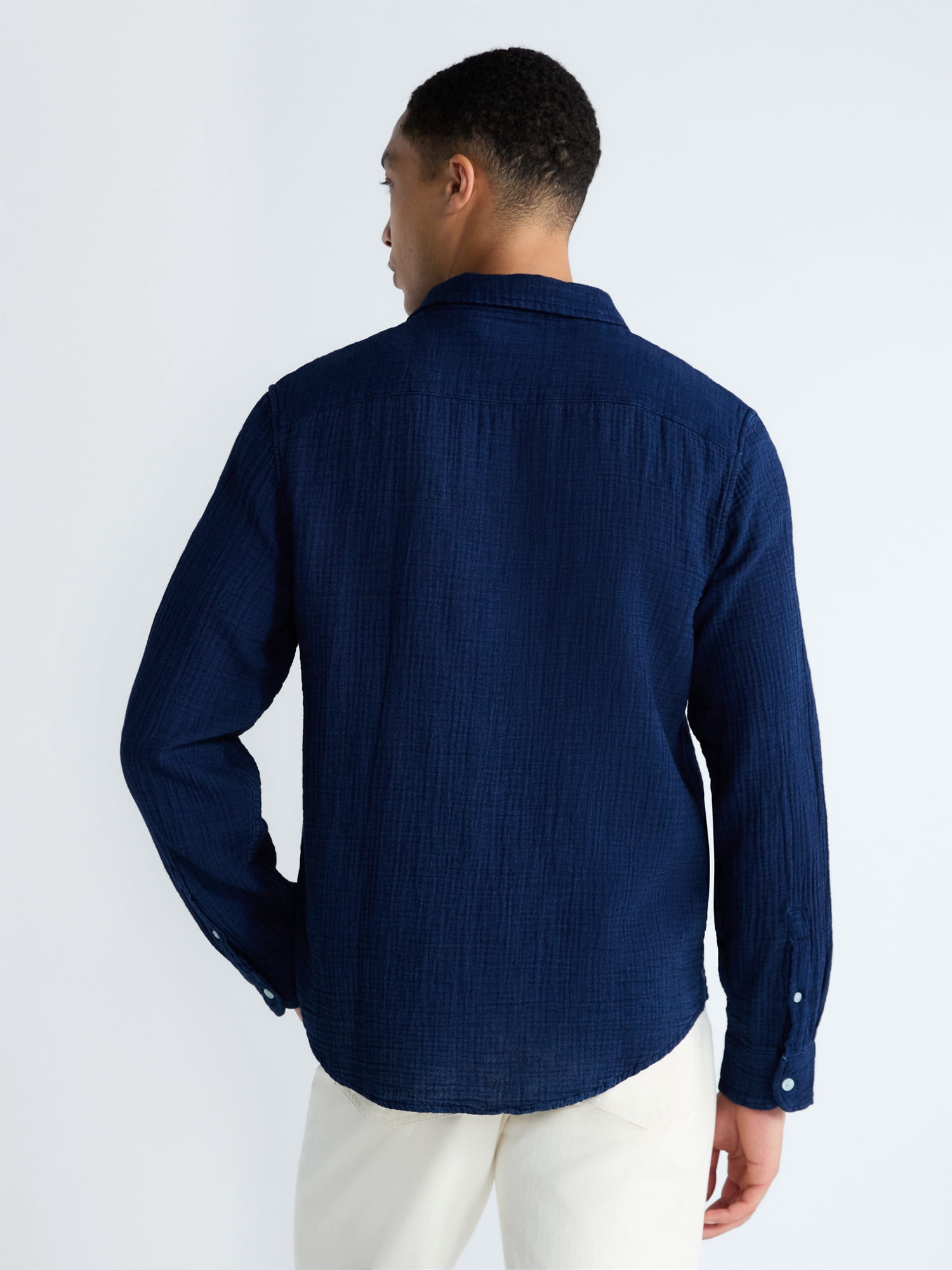 Free Assembly Men's Button Front Double Cloth Shirt with Long Sleeves, Sizes XS-3XL