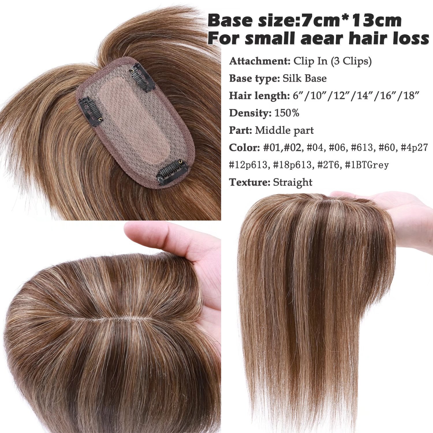 Benehair 100% Real Remy Human Hair Extensions Clip In Hairpiece Topper with Bang Toupee Women Hair Loss Silk Base Highlight Blonde Hair