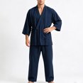 thumbnail image 2 of YUANxueke Mens Cotton Kimono Pajama Sets 3/4 Sleeve Tie Front Shirt & Pants 2-Piece Sleepwear Outfits, 2 of 4