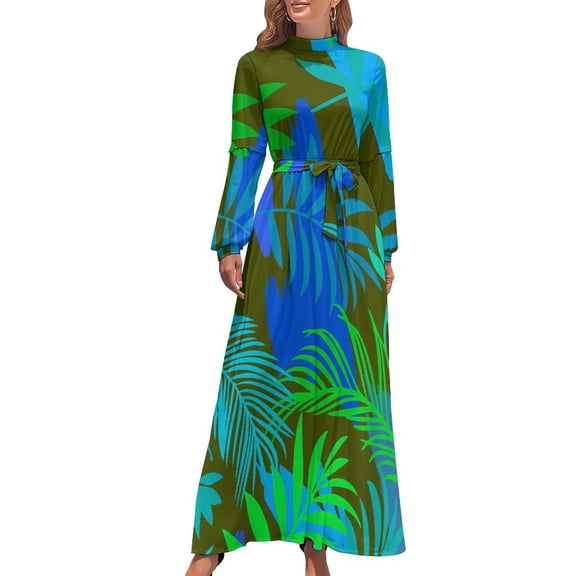 Purple Leaf Dress Tropical Plants Sexy Design Maxi Dress High Waist Long Sleeve Aesthetic Bohemia Long Dresses