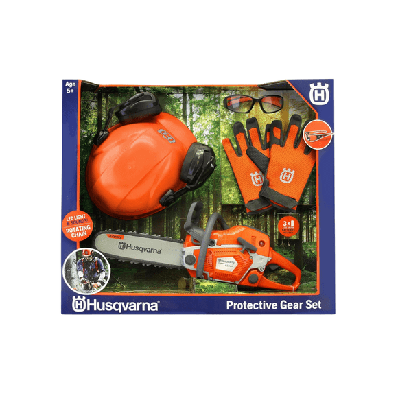 Chainsaw and PPE Kit Toy for Kids, Realistic Sound & Rotating Chain, Toy Helmet Gloves & Glasses Set, Battery Powered Pretend Tool Toy