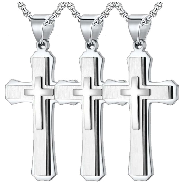 Collar Catolicos SacredGleam03 3Pzas Plata Collar Triple Cruz Dije 3x5.3cm Metal. High Monaco MXEEG-003