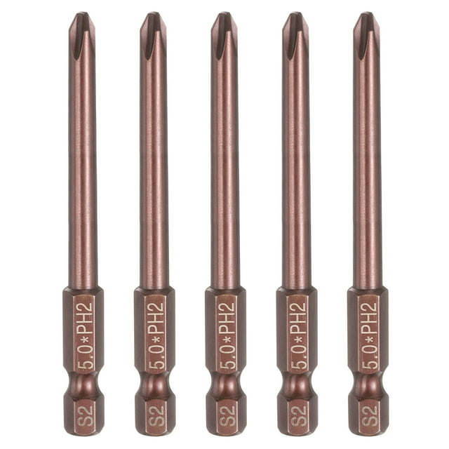 Uxcell 5pcs #2 Punta de destornillador Phillips PH2 1/4" Vástago hexagonal 3" (75mm) Largo 0.2" Varilla Magnética Cabeza Cruzada Puntas de Taladro S2 Acero Herramienta Eléctrica Industrial, Marrón