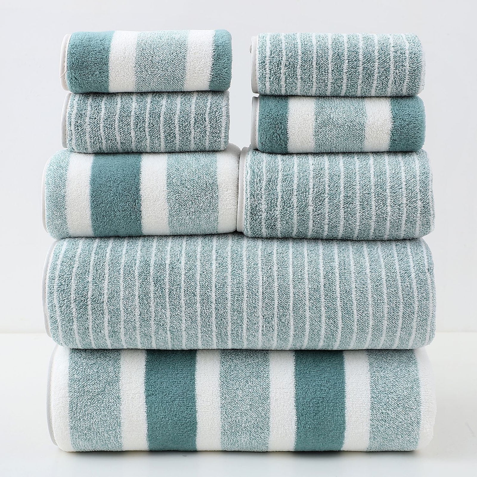 Cadancy 8 Pack Striped Coral Fleece Towels Set includes Bath Towels Face Towels Washcloths, High Absorbency Fast Drying, Ultra Soft Ideal for Family Guest Daily Use