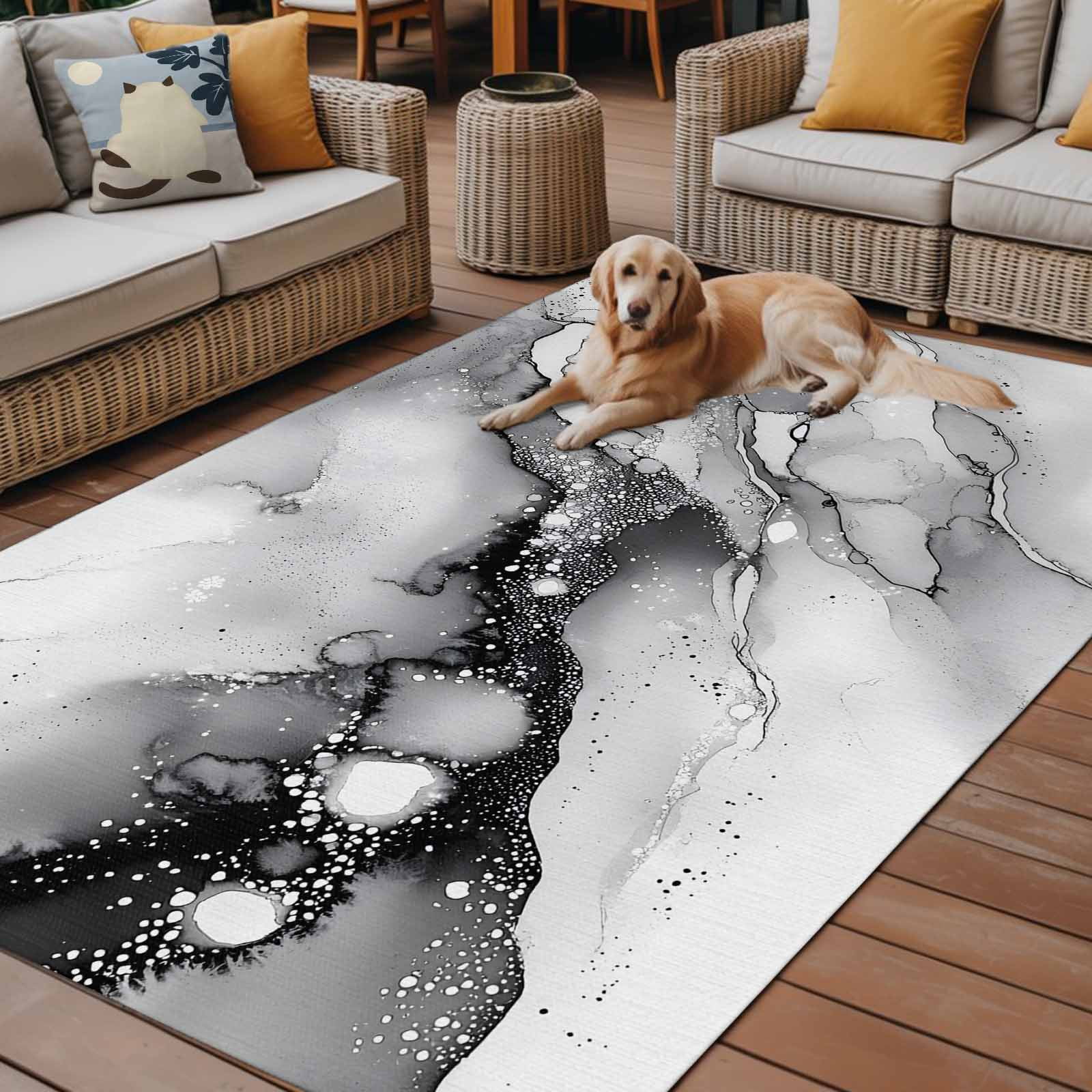 Outdoor Rug 5x8ft Ombre Gray Marble Texture Large Area Rug Abstract Style Indoor Outdoor Carpet Outdoor Rugs Mats for Patio Camping,RV,Front Door, Outside Decor