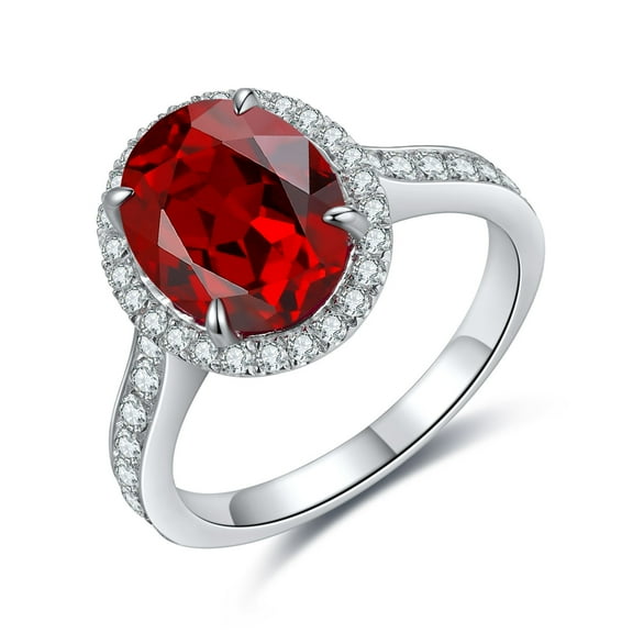 Oval Cut Lab Created Red Garnet Halo Moissanite Wedding Ring in 925 Sterling Silver – Unique Bridal Engagement Ring – Delicate Red Gemstone Anniversary Gift for Women