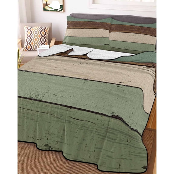 Green Brown Twin Size Down Alternative Comforter, Lightweight Comforter Quilt Bedding Set with Pillow Shams Country Wood Grain Abstract Stripe All Seasons Bed Comforter Duvet Insert 68"x86"