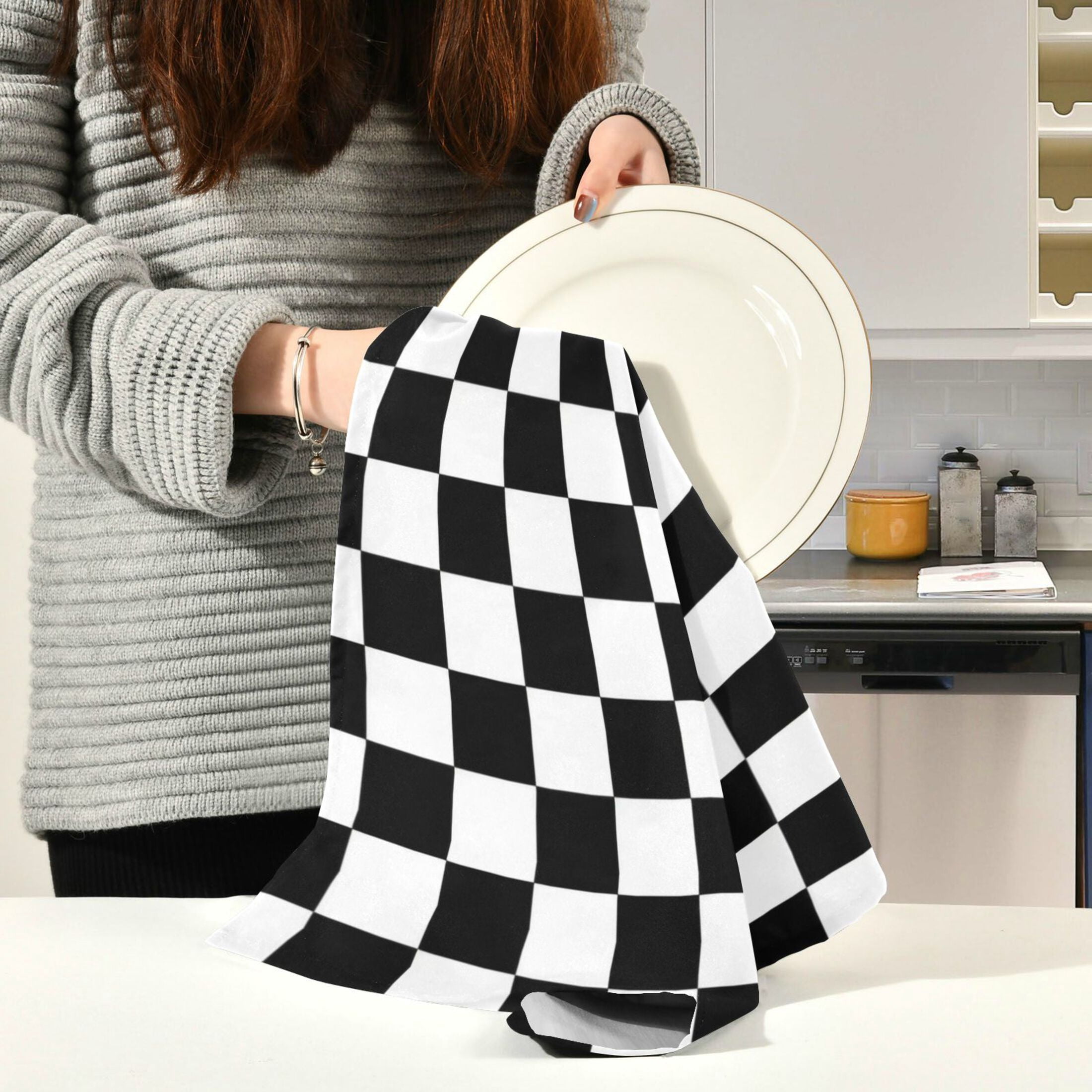 Qxltty Black and White Checkered Kitchen Towels 28 x 18 Inch Set of 6 Soft Cotton Linen Feel Dish Towels with Hanging Loop for Drying, Cleaning & Decor