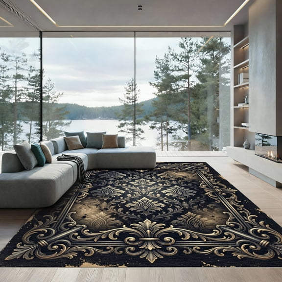 ODIKA 4'x6' Machine Washable Non-Slip Area Rug, Antique Black High Traffic Rug, Black, 1242516