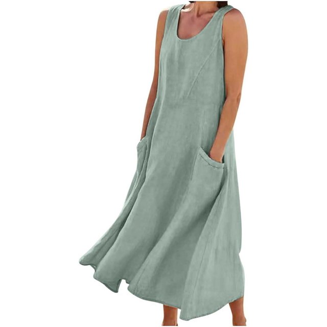 Vestido de verano de lino y algodón para mujer, elegante, sin mangas, largo, holgado, de talla grande, cómodo, con bolsillos