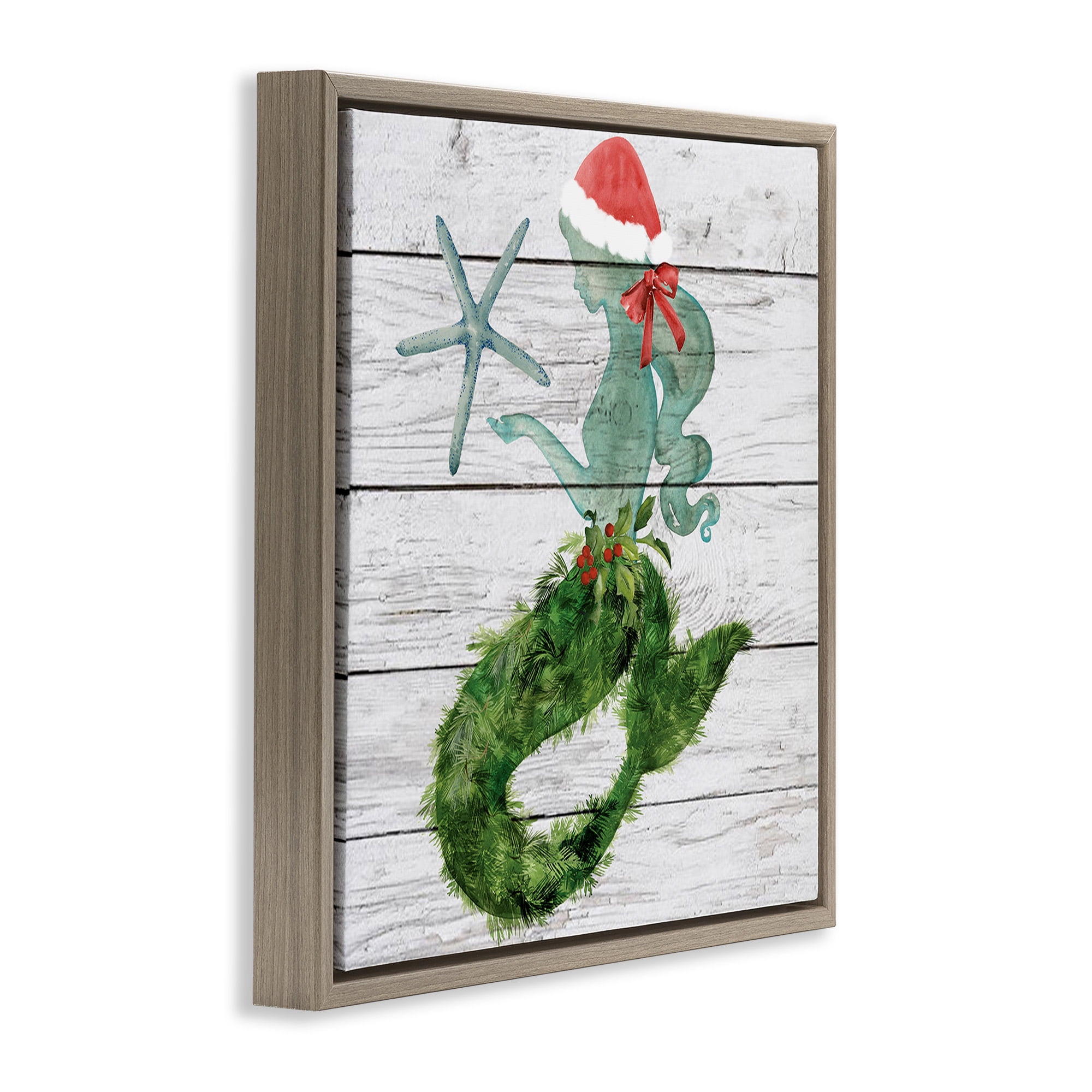 Stupell Industries Christmas Mermaid & Winter Holly Nature Painting Brown Floater Framed Canvas Art Print Wall Art, 18 x 18