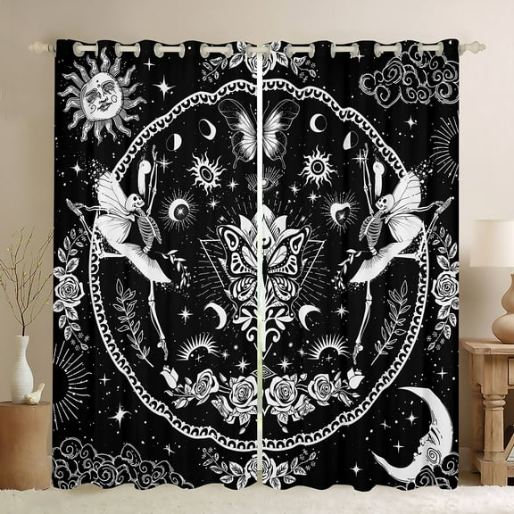 jejeloiu Gothic Skull Blackout Curtains,Spooky Halloween Skeleton Curtains Pack of 2 (38x45 Each),Boho Bohemian Style Flower Window Curtains For Girls Boys,Microfiber Bedroom Decor