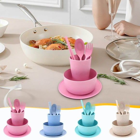 Set de 6 Utensilios con Pajillas para Mesa para Hogar y Viajes | Cuencos, Tazas, Platos, Cucharas, Tenedores y Palillos Portátiles | Resistentes al Calor, Antideslizantes y Reutilizables Ecológicos