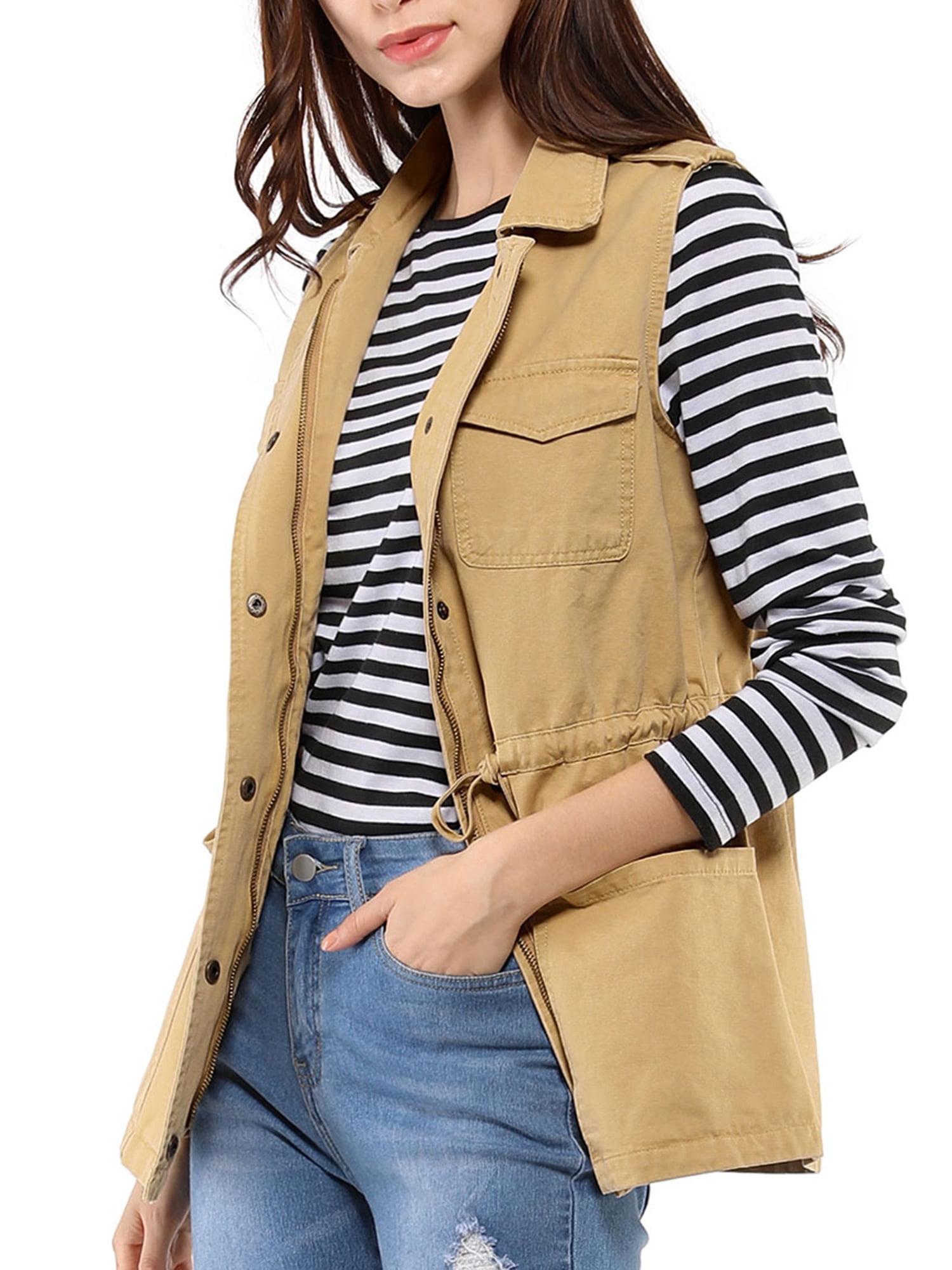 DARING DIVA Women Functional Pockets Drawstring Waist Cargo Vest M Khaki