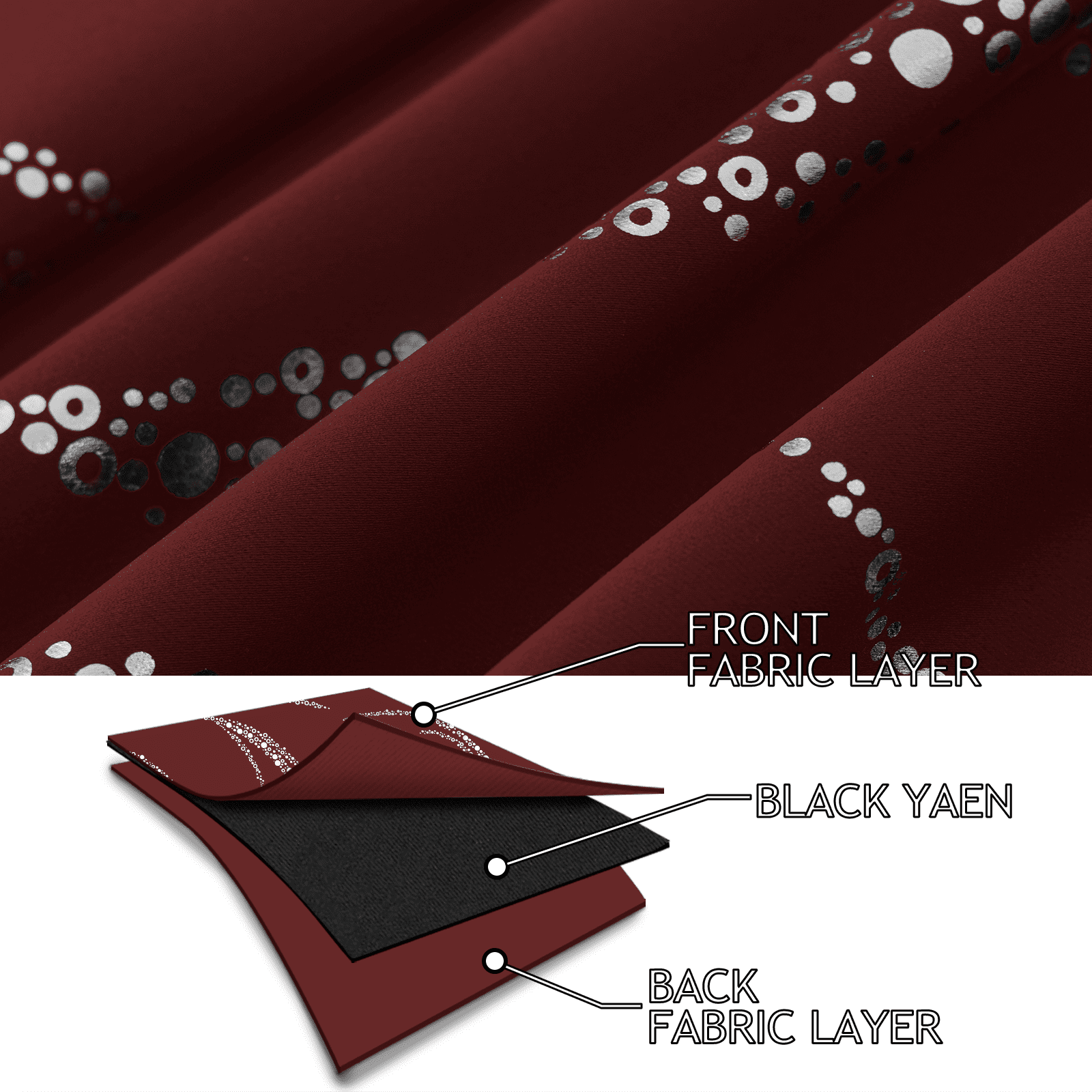 Yakamok Blackout Curtains for bedroom - Wave Line with Dots Silver Print Design Noise Reducing Thermal Insulated Ring Top Blackout Window Drapes for Livingroom (2 Panels, 52 x 84Inch, Burgundy)