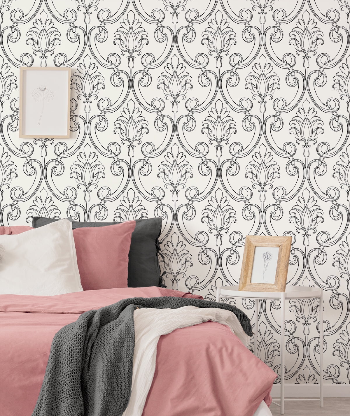 NextWall Ebony Sketched Damask Peel and Stick Wallpaper