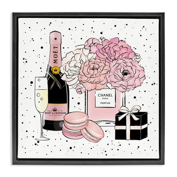 Stupell Industries Pink Glam Celebration Champagne Beauty & Fashion Painting Black Floater Framed Canvas Art Print Wall Art, 18 x 18