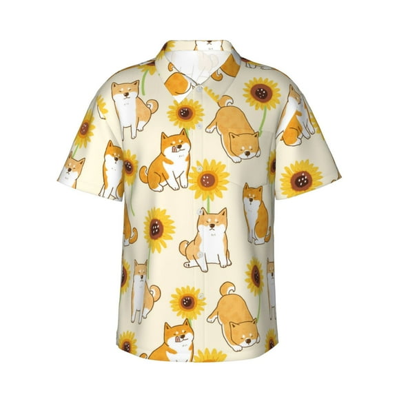 Easygdp Shiba Inu Dog and Sunflower Men's Hawaiian Shirts Print Lapel Short Sleeve for Beach, vacation, party, casual occasions - Small