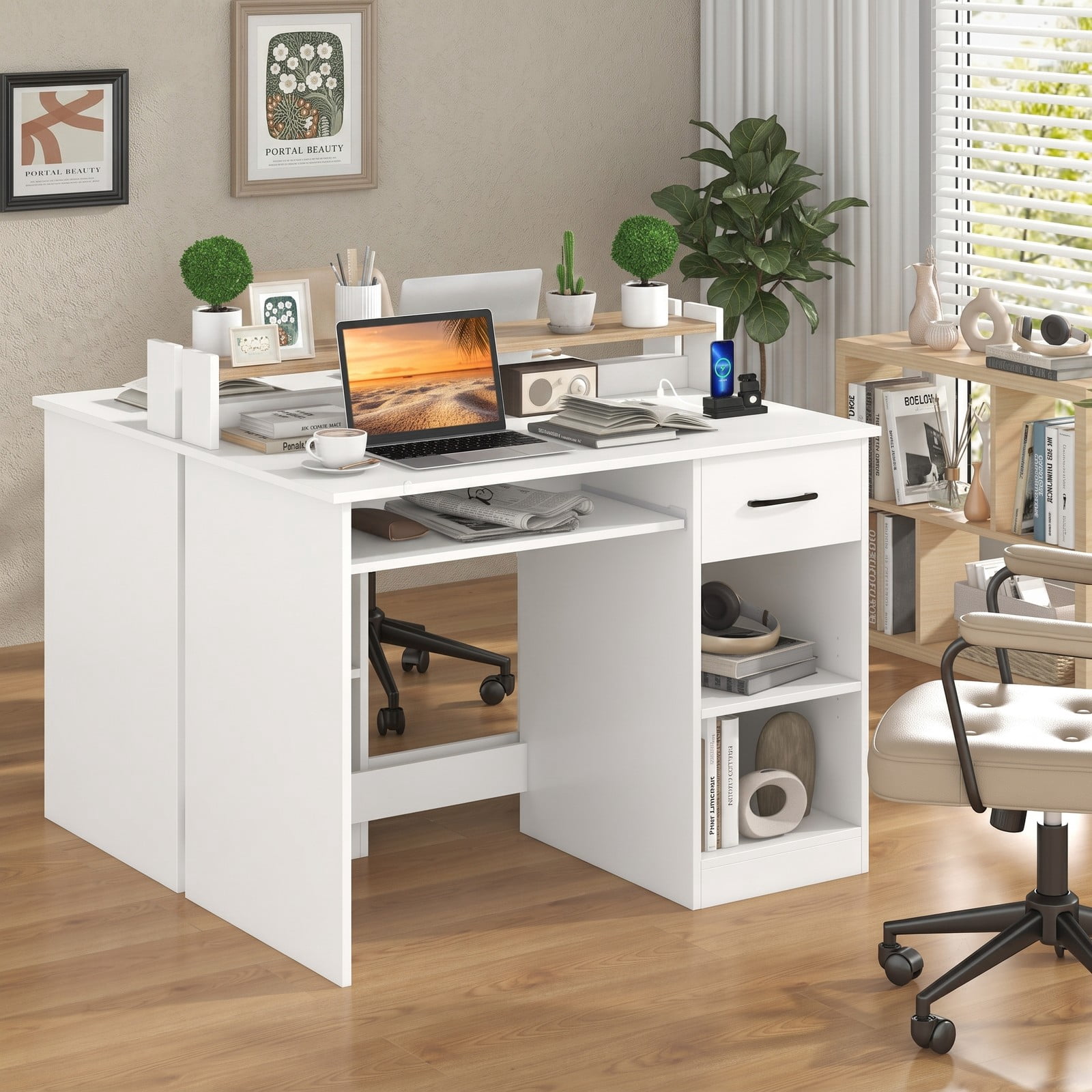 Furnibear White Desk Computer Desk Home Office Desk with Charging Station Adjustable Shelf Keyboard Tray Drawer and Reinforced Frame, White