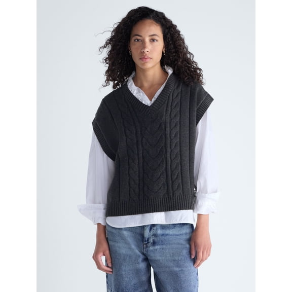 Free Assembly Women's Cable Knit Sweater with Short Sleeves, Lightweight, Sizes XS-XXL