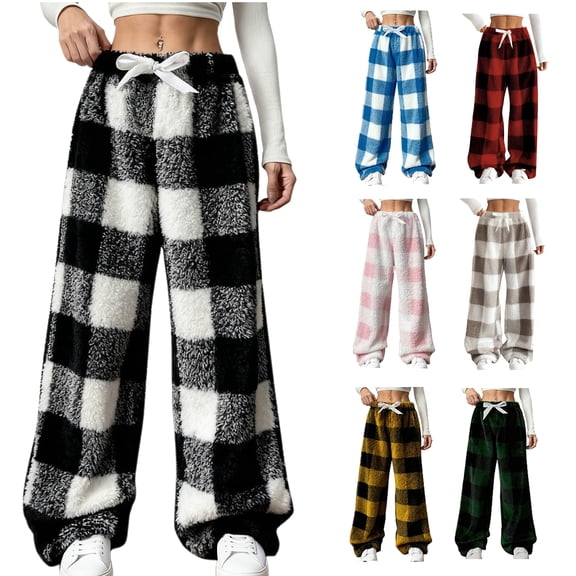 Tqyyweavej Womens Plaid Fluffy Pajama Pants Drawstring Wide Leg Color Block Trousers Fuzzy Plush Casual Pj Pants with Pockets S-XL