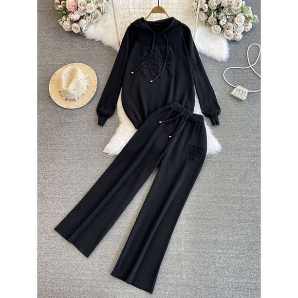 Fashion Suit Women's Korean Version Loose Knit Hooded Top Casual High Waist Slimming Straight Leg Wide Leg Pants Two-piece Set