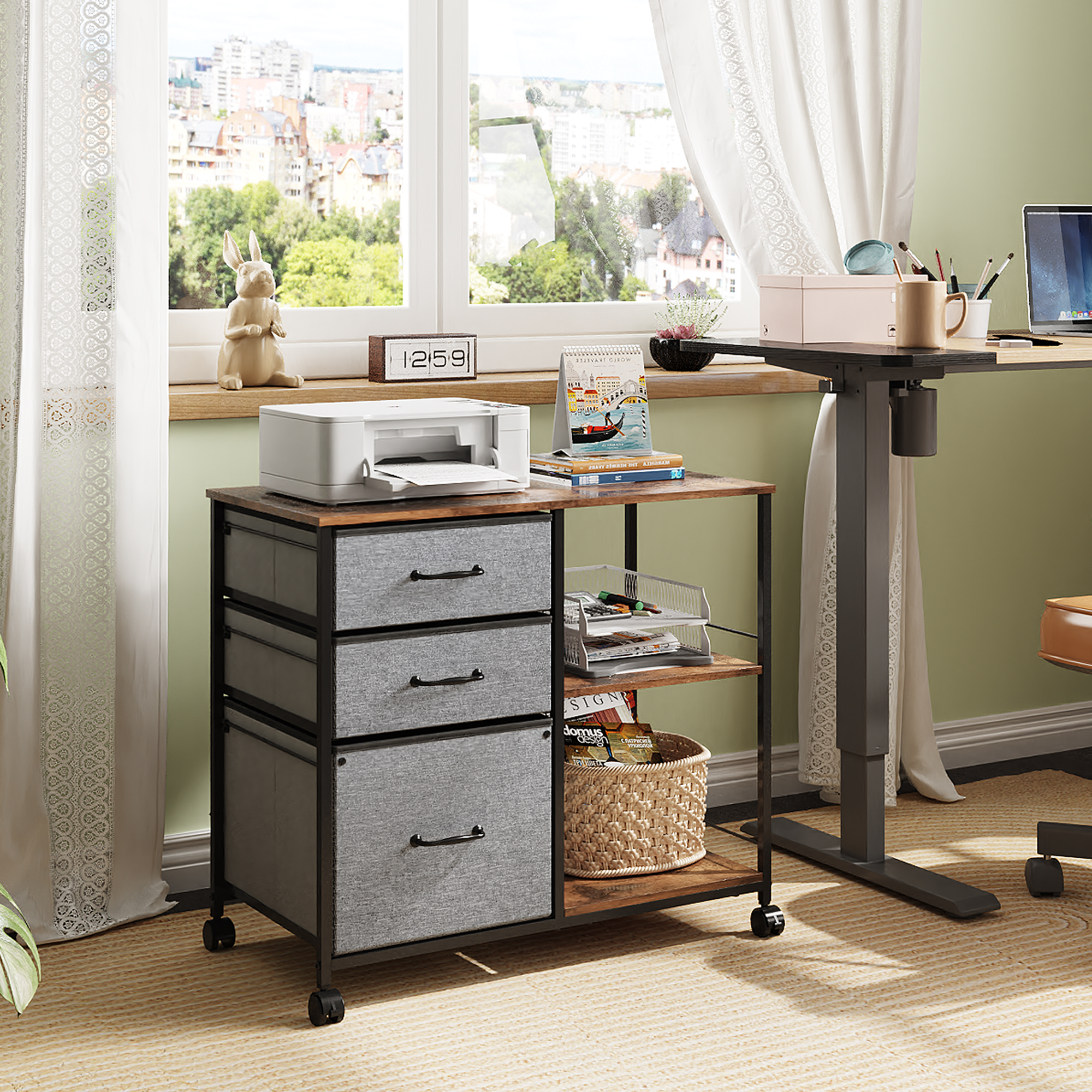 GALAXHERO 3 Drawer File Cabinet, Rolling Printer Stand with Storage, Lateral Fabric Filing Cabinet for Home Office, Fits Letter/A4, Rustic Brown