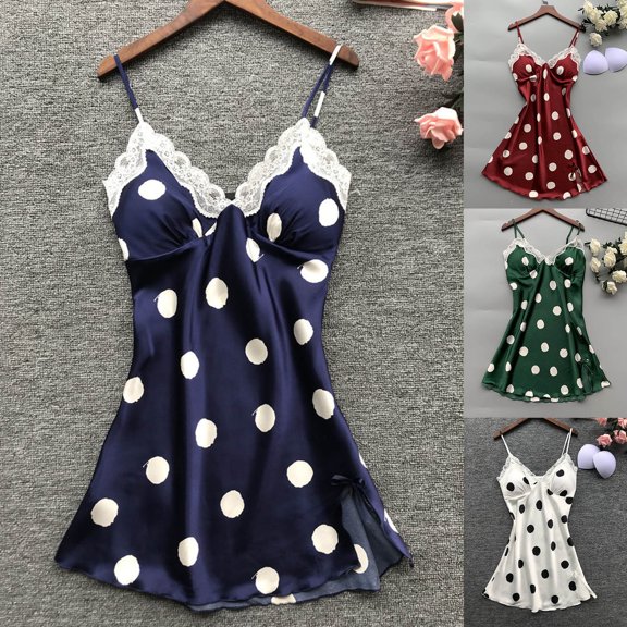 Chroia Women's Satin Sleeveless Nightgown, Lace Decoration Polka Dot Slip Dress, Soft Home Sleepwear