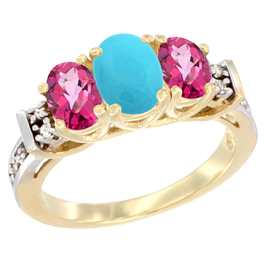 14K Yellow Gold Natural Turquoise & Pink Topaz Ring 3-Stone Oval Diamond Accent by WorldJewels