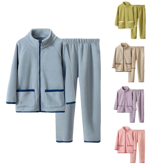 Teen Polar Pajama 2 Pieces Set Long Sleeve Sleepwear Full Zipper Up Loungewear Soft Pj Set with Pockets Long Pants Warm Outfits (Khaki,3-4 Years)