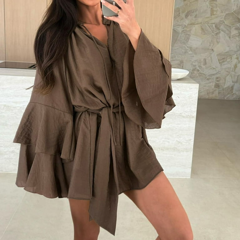 Fashion Nova The Dawning Mini Dress Mocha Yunliwuli Women Long Sleeve Dress  Casual Solid Color Loose