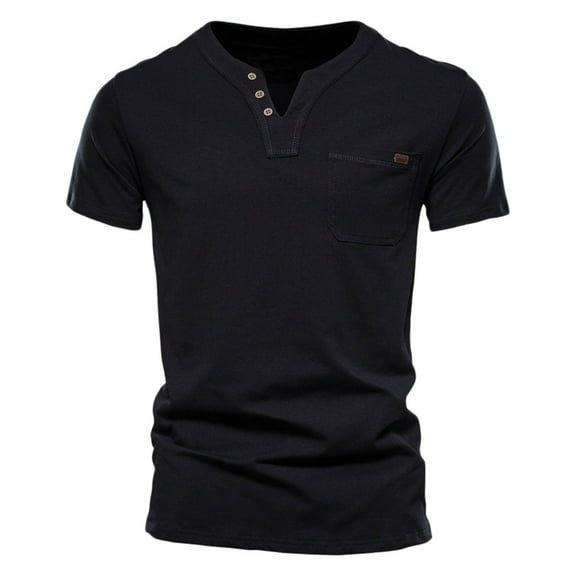 Men's Cotton Pocket T-Shirt V Neck Short Sleeved T Shirt Casual Versatile Undershirt