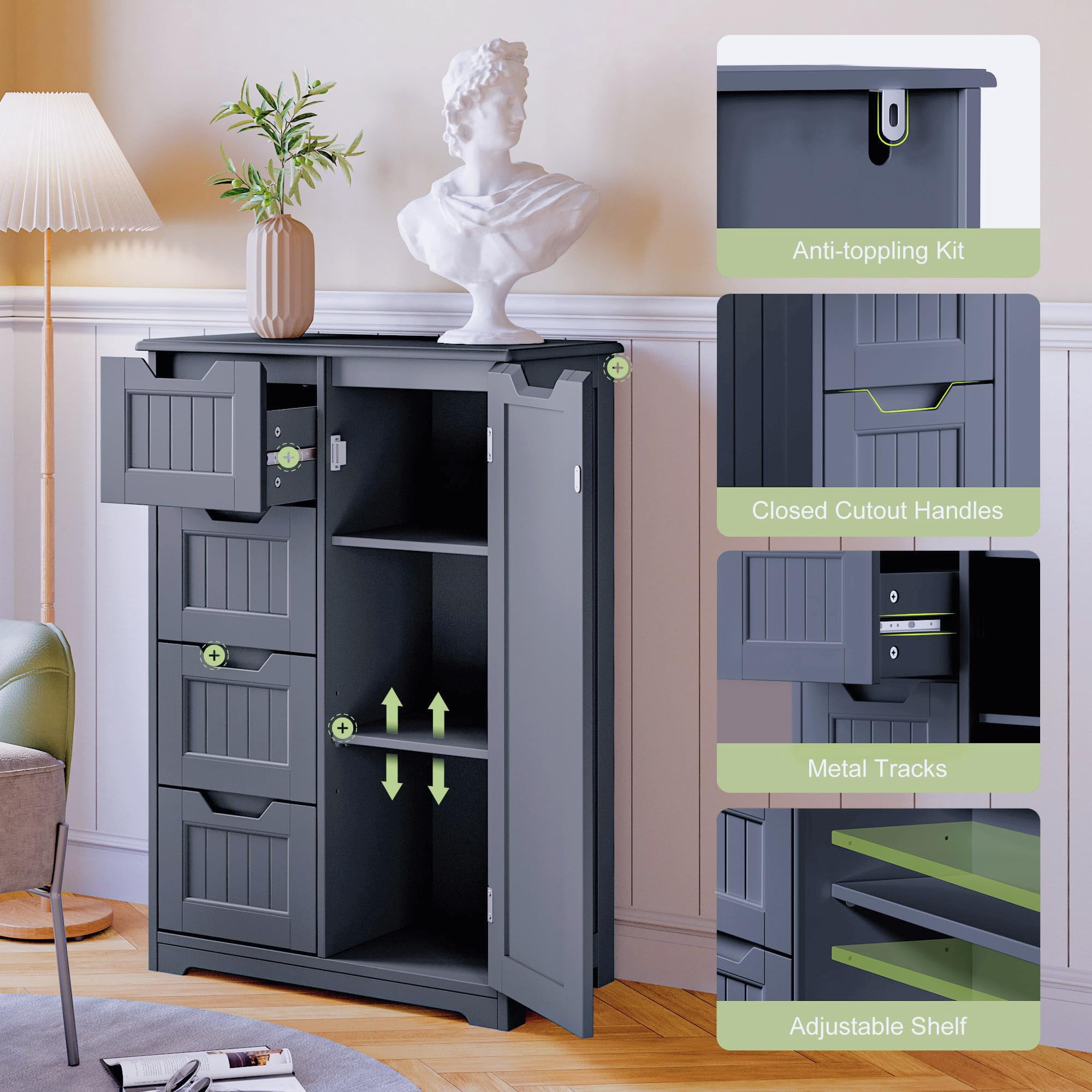 Aiho 33" Freestanding Pantry Cabinet with Door, Shelves & 4 Drawers - Kitchen & Dining Storage, Gray