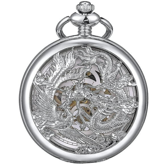 Retro Men's Pocket Watch With Chain, Analogue Hand Winding Dragon, Phoenix, Skeleton, Roman